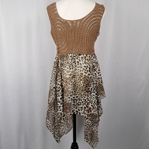 Vintage Y2K KAELYN MAX L Crochet Leopard Print Top Handkerchief Hem Boho - Picture 5 of 6